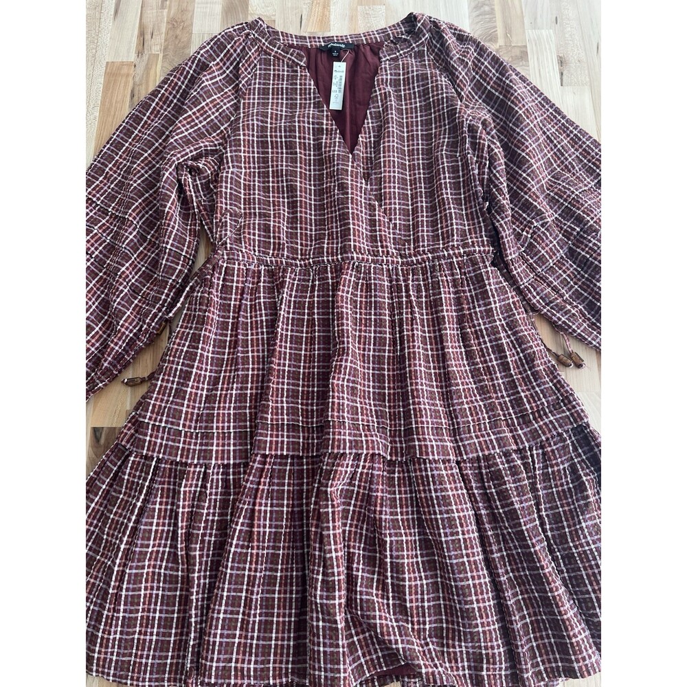 Madewell Long Sleeve Tiered Cotton Mini Dress Adjustable Ties Maroon Plaid S NWT